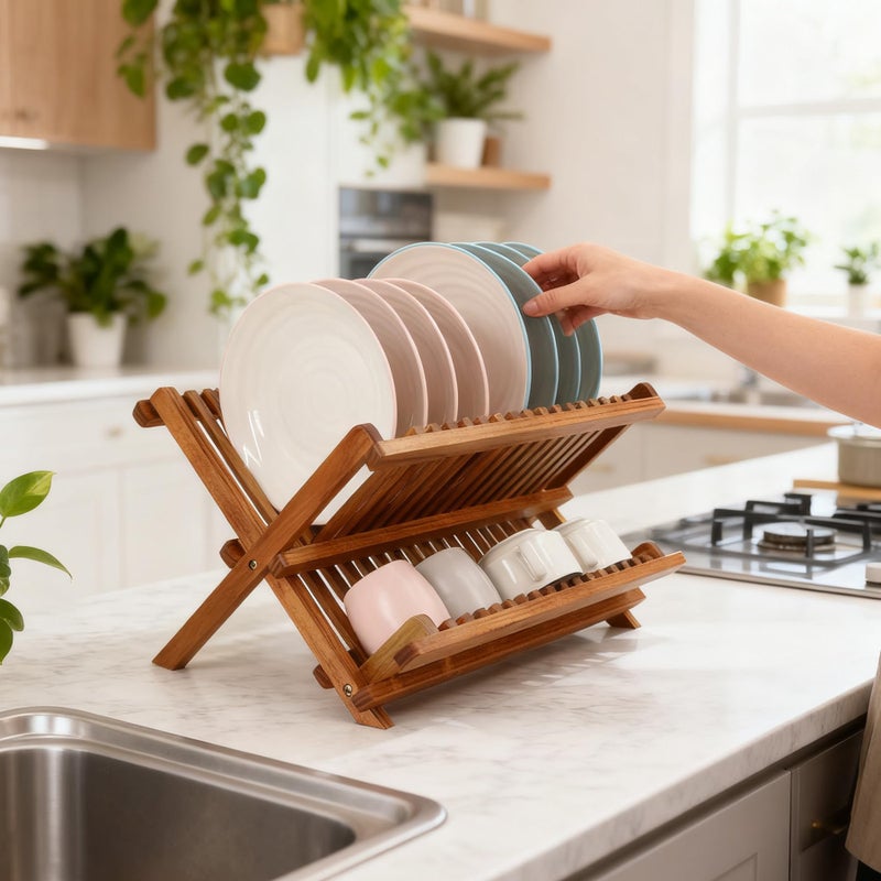 Utoplike Teak Dish Drainer Rack Collapsible 2 Tier Dish Rack Dish Drying Rack Foldable Plate Organizer Holder for Kitchen Compact - Image 5